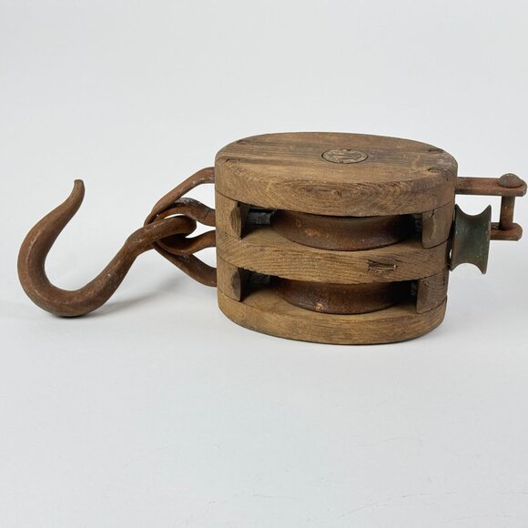 Antique Wooden Double Pulley Block w/ Metal Hook Rustic Farmhouse Barn Decor - Picture 3 of 14